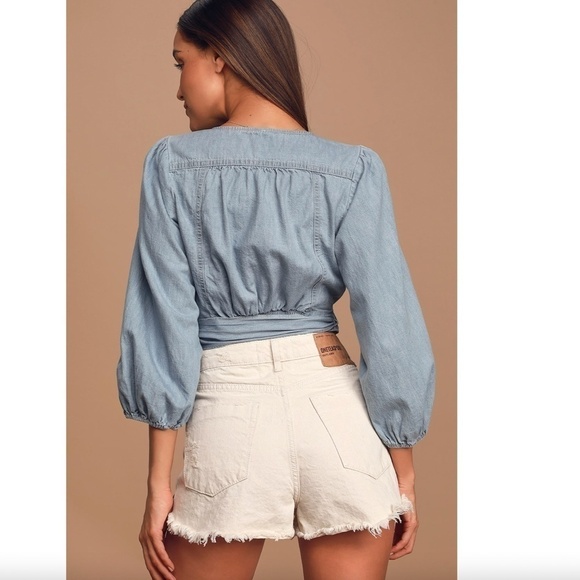 Free People Sophie Light Wash Denim Balloon Sleeve Wrap Crop Top - Picture 3 of 10